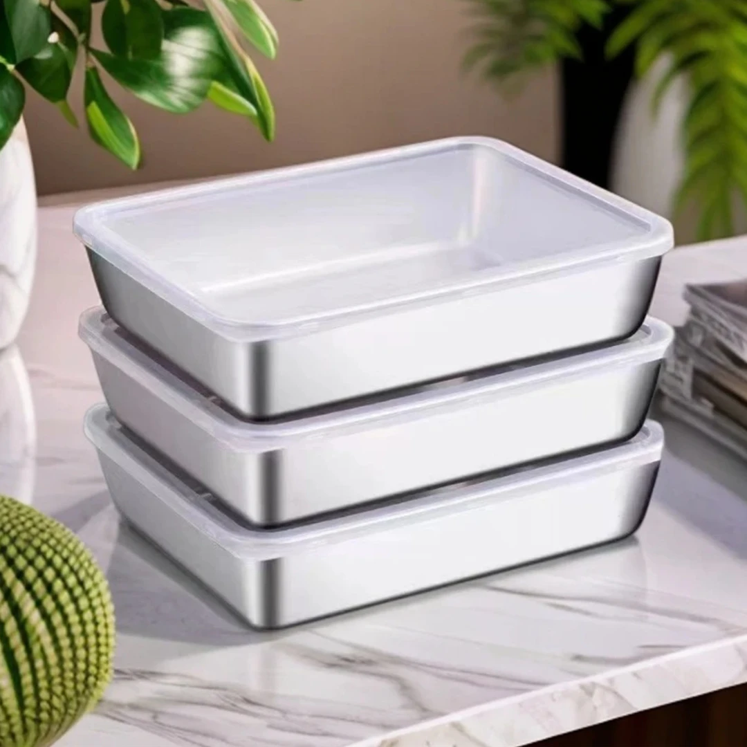 【两个盘子两个盖子】不锈钢保鲜盒方盘冰箱烤箱可用加厚平底不锈钢