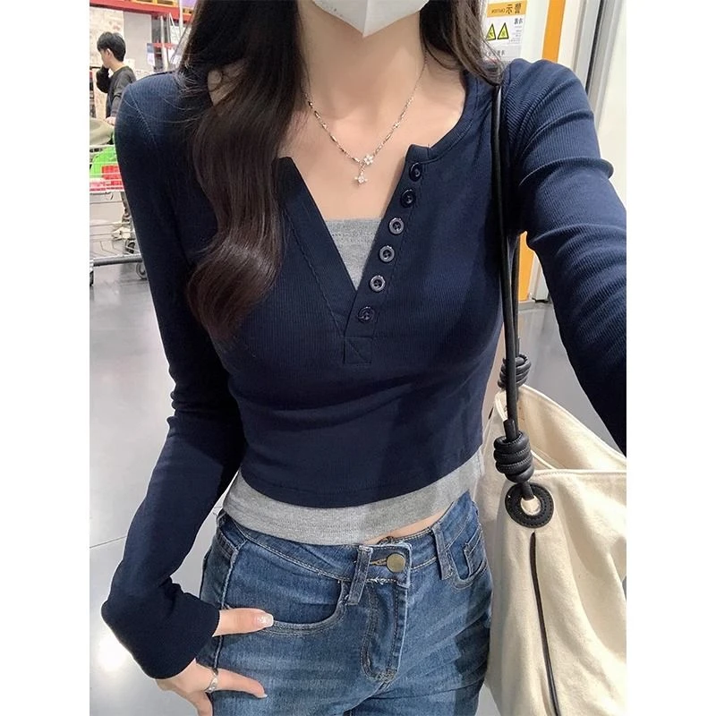 大码撞色修身假两件拼接长袖T恤女秋季新款辣妹显瘦短款设计上衣