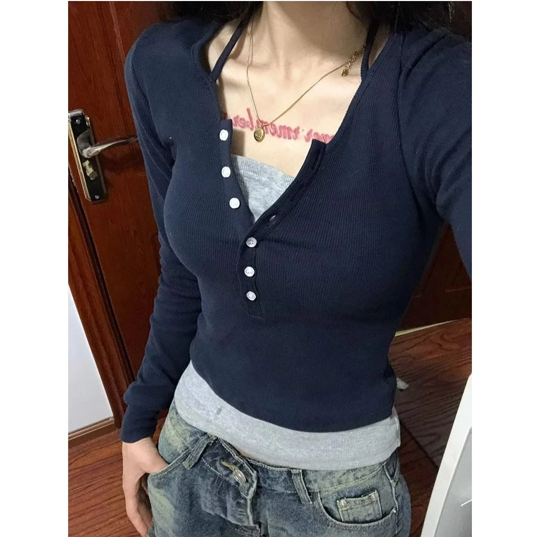 辣妹假两件长袖T恤女秋大码胖mm显瘦遮肚藏肉短款上衣ins潮打底衫
