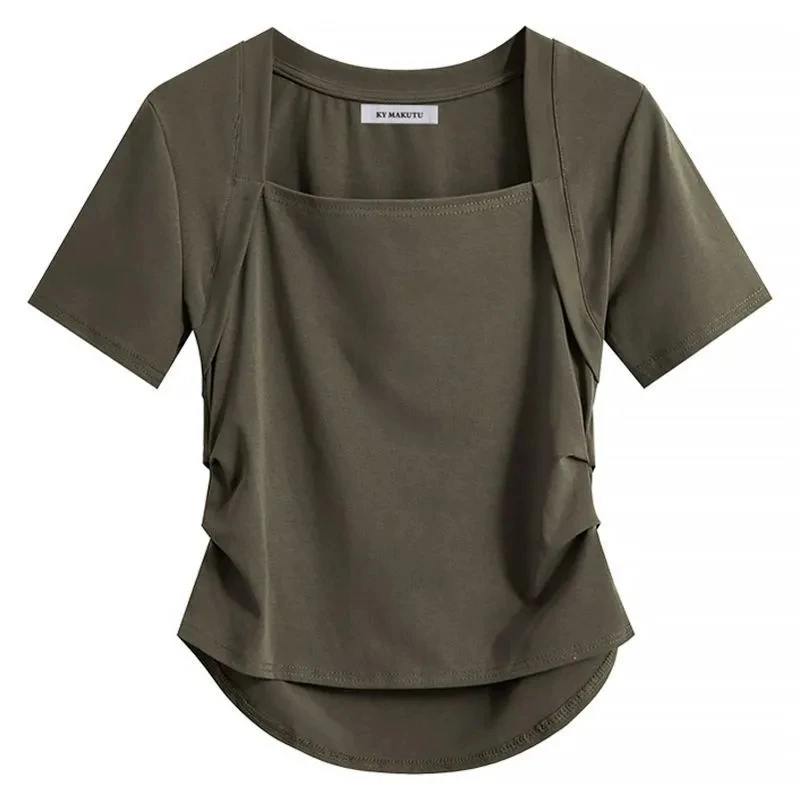 纯棉胖mm显瘦遮肉大码女装夏季新款撞色拼接方领t恤正肩上衣ins潮