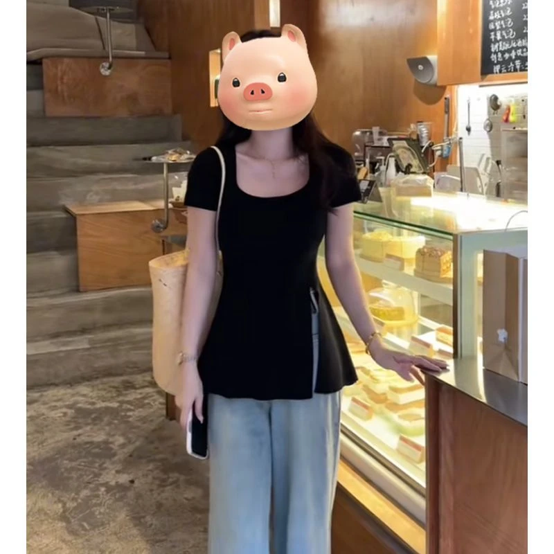 大码女装胖MM正肩辣妹短袖T恤女夏季新款小众别致修身开叉上衣服