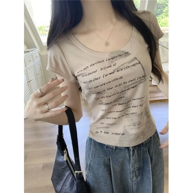 大码美式复古印花字母短袖T恤夏季辣妹新款修身显瘦短款上衣女ins