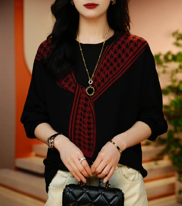 新款高级感洋气时尚百搭圆领上衣宽松