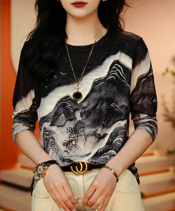 早秋肌肤网纱上衣透气双层高级百搭套头