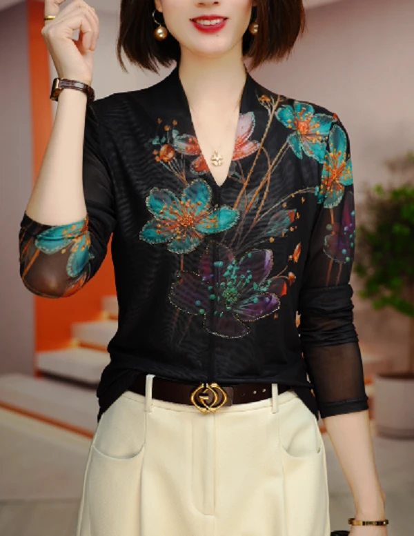 早秋肌肤网纱上衣透气双层高级百搭套头