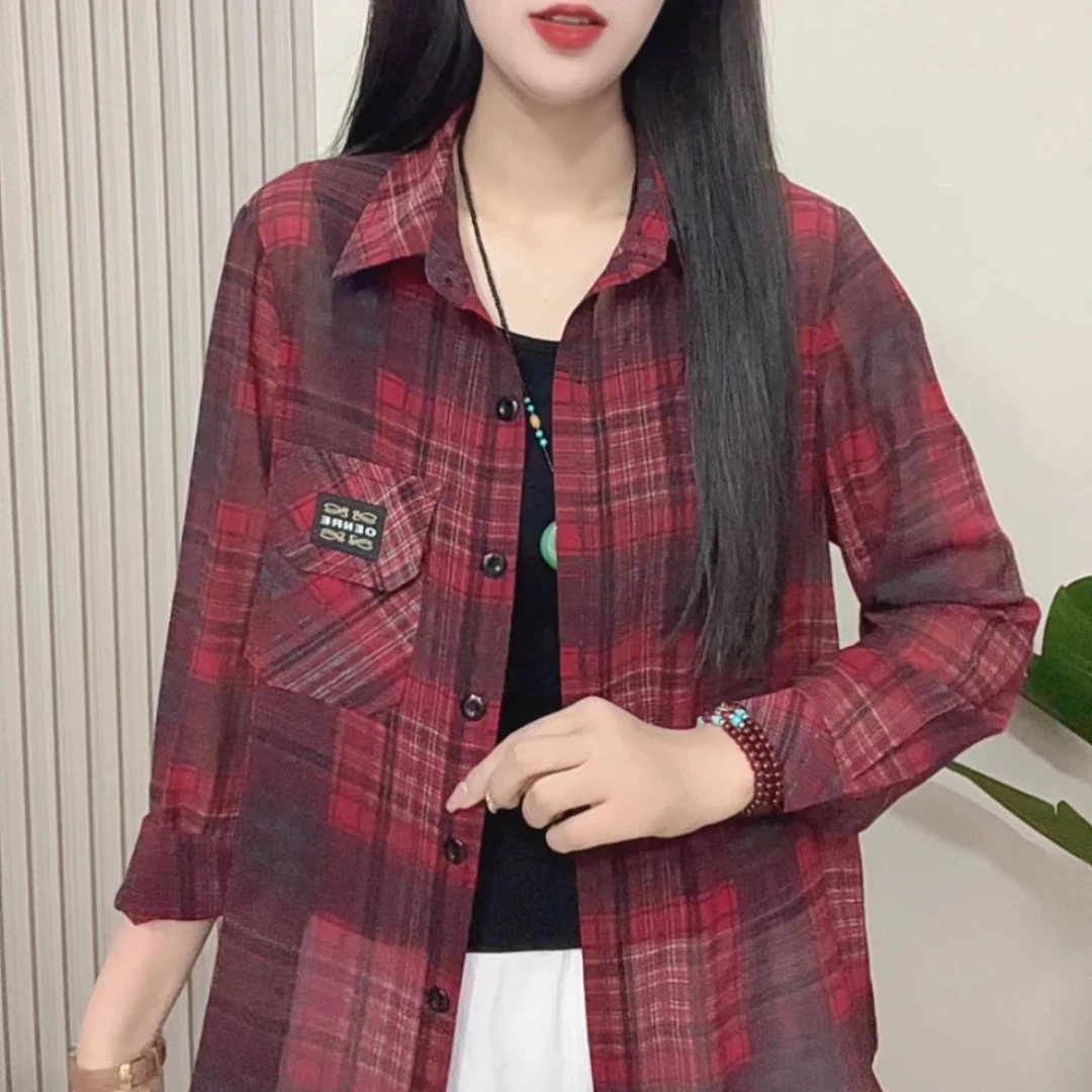 新款衬衫2024年夏季时尚休闲妈妈装宽松洋气百搭格子衬衫减龄好看