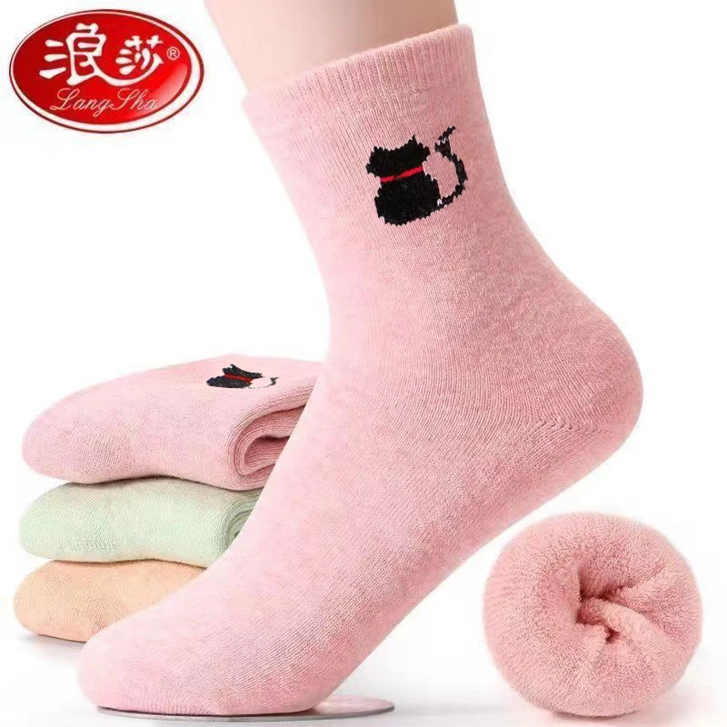 浪莎女士冬季毛圈袜中筒加厚蓄热厚款保暖袜毛巾袜猫咪卡通学院风