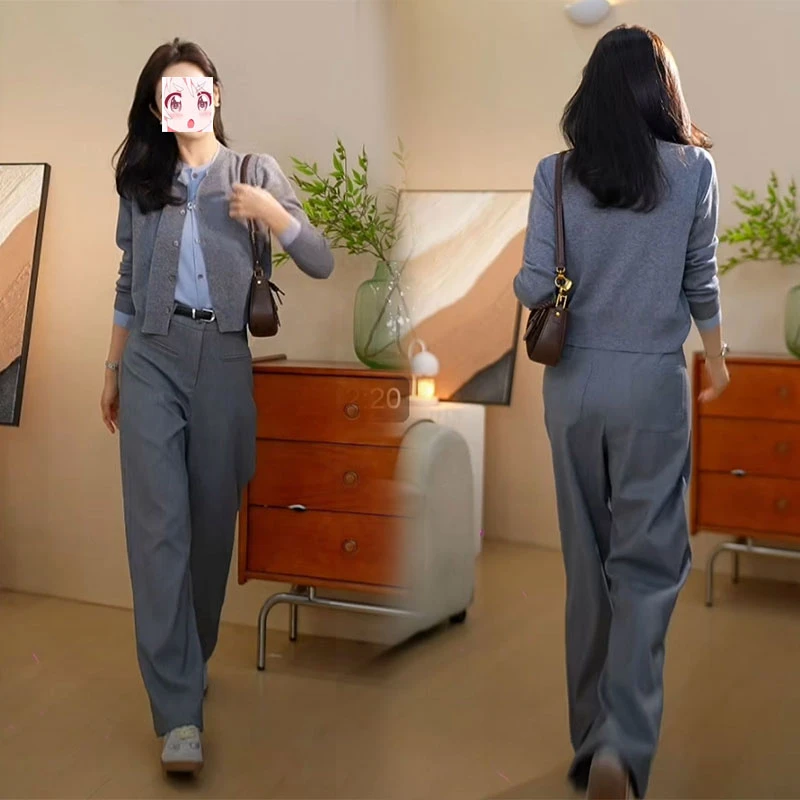 2025春装新款高级感减龄休闲穿搭一整套针织开衫垂感阔腿裤两件套