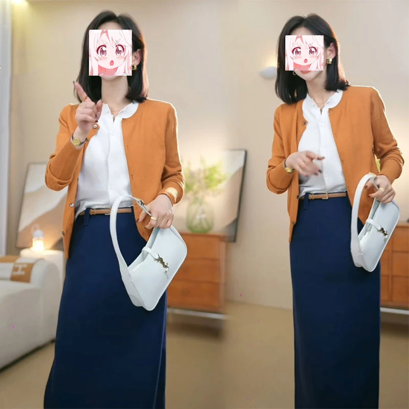 时尚套装裙女2025春季新款显瘦假两件针织开衫高腰半身裙子两件套