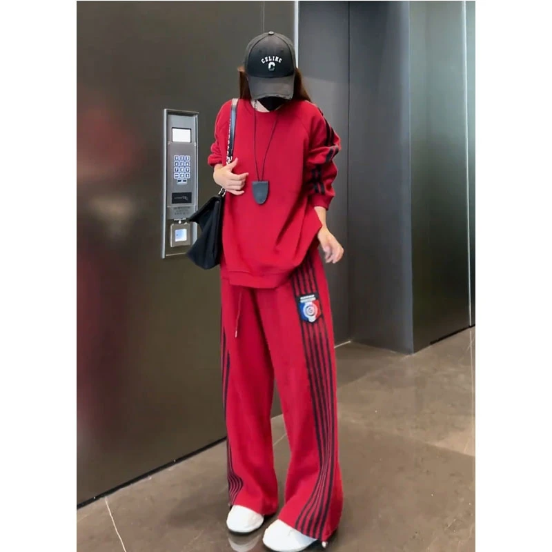 2025美式复古宽松高级感运动休闲套装减龄圆领卫衣阔腿卫裤两件套