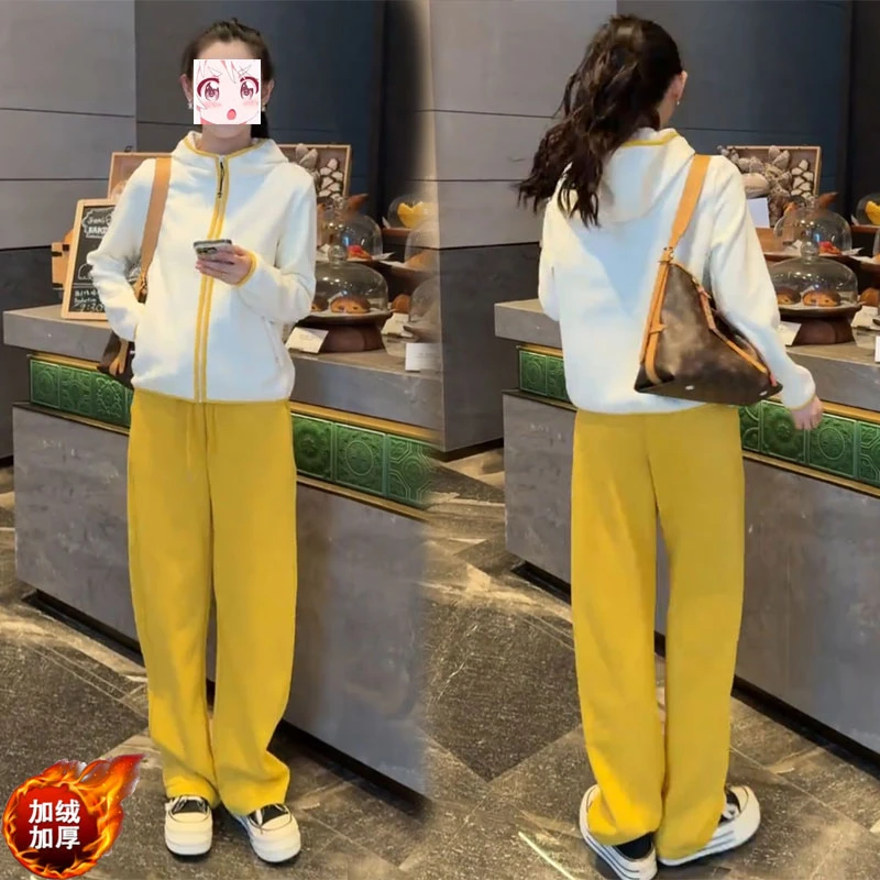 2024秋冬款撞色设计双面绒连帽短外套加绒加厚直筒运动裤两件套装