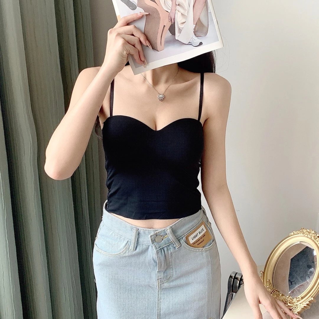 时尚显瘦百搭内搭固定一体式小吊带背心女气质外穿美背打底纯色