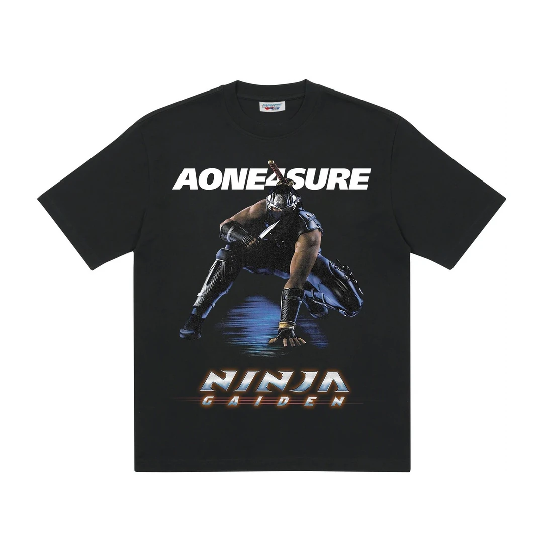 AONE4SURE忍者龙剑传游戏Ninja印花宽松黑色纯棉300g圆领短袖T恤