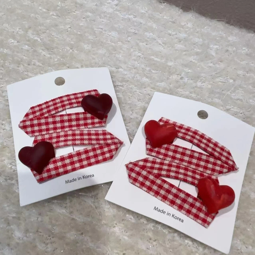 甜美格纹爱心发夹一对Y158