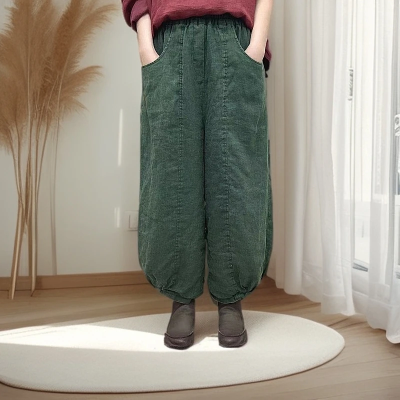 素陌  原创复古炒色做旧加棉亚麻灯笼棉裤时尚宽松舒适百搭显瘦