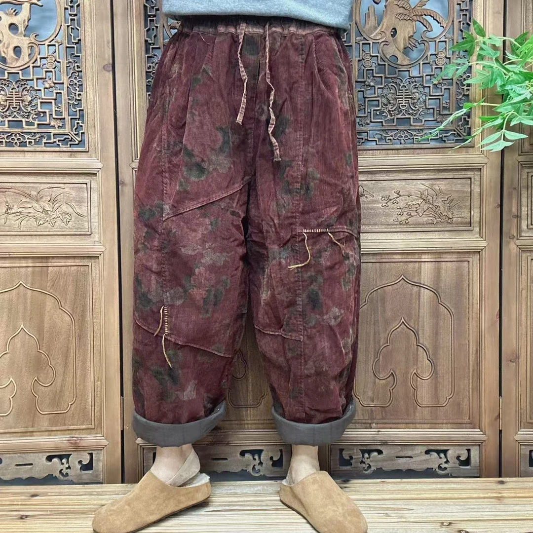 素陌  高端定制复古炒色做旧手工线定制棉裤宽松休闲舒适百搭保暖