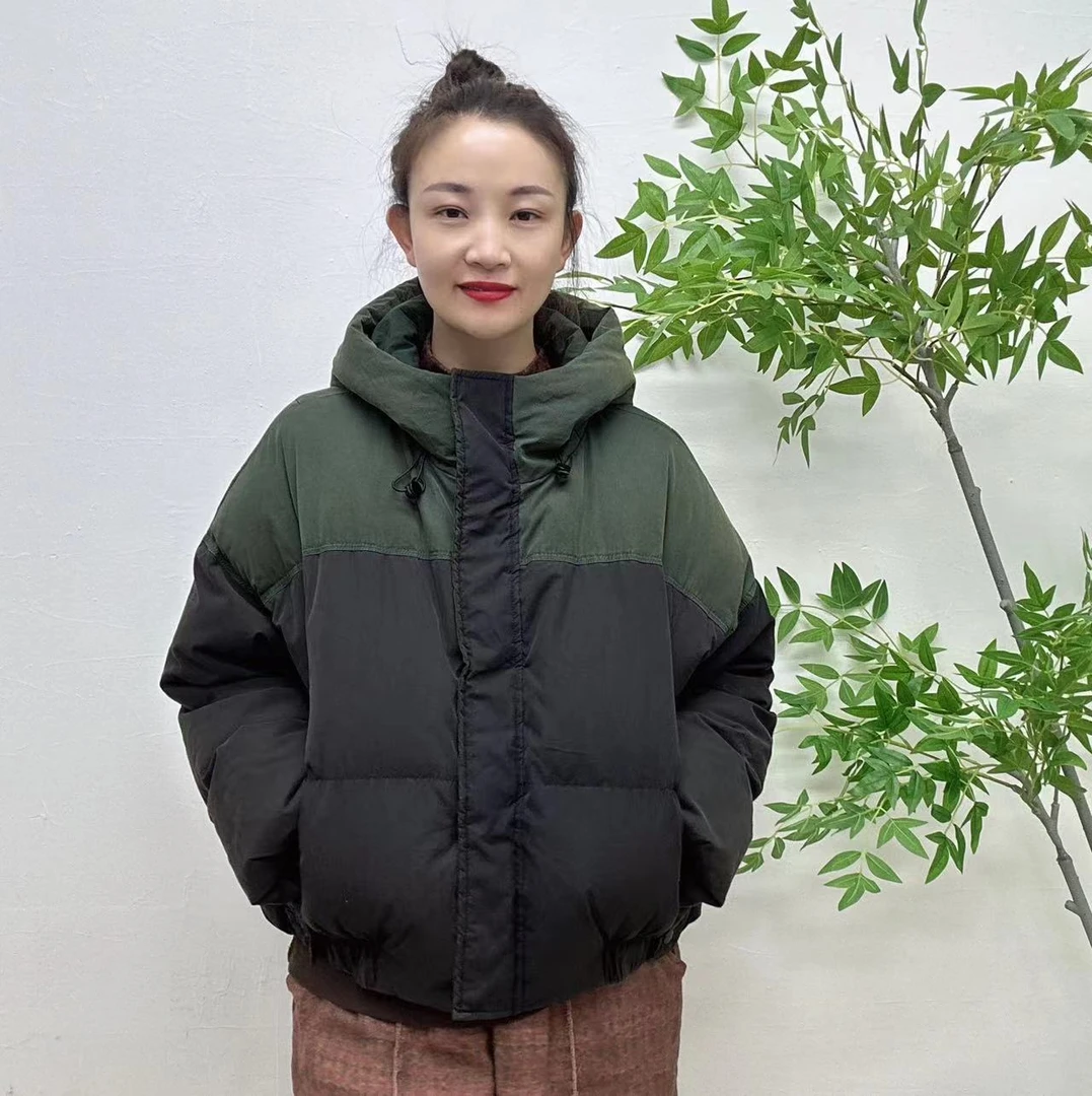 2025复古炒色做旧连帽短绒服时尚拼色宽松休闲保暖百搭