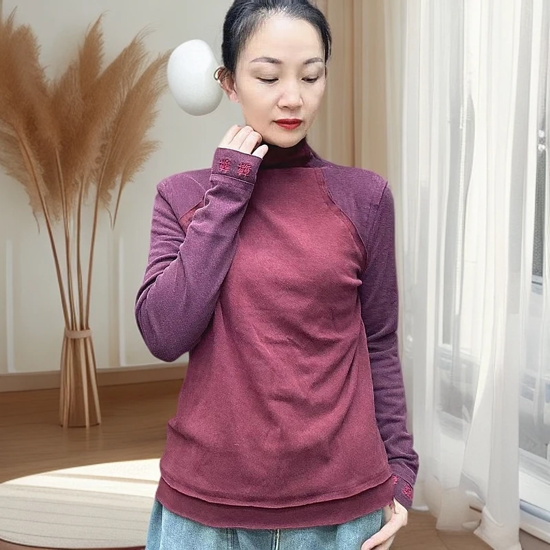 素陌  原创设计师款拼接撞色喜字刺绣高领打底复古做旧针织打底衫