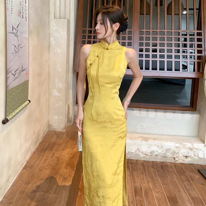 姜黄色复古新中式提花暗纹旗袍女装连衣裙气质显瘦国风中长裙子女