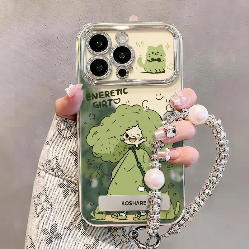 绿发女孩适用苹果15/华为/vivo/oppo/小米新款电镀大视窗手机壳