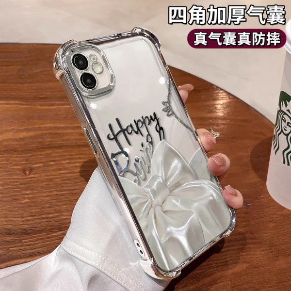 适用苹果12丝绒蝴蝶结女款网红高级感保护套电镀防摔壳