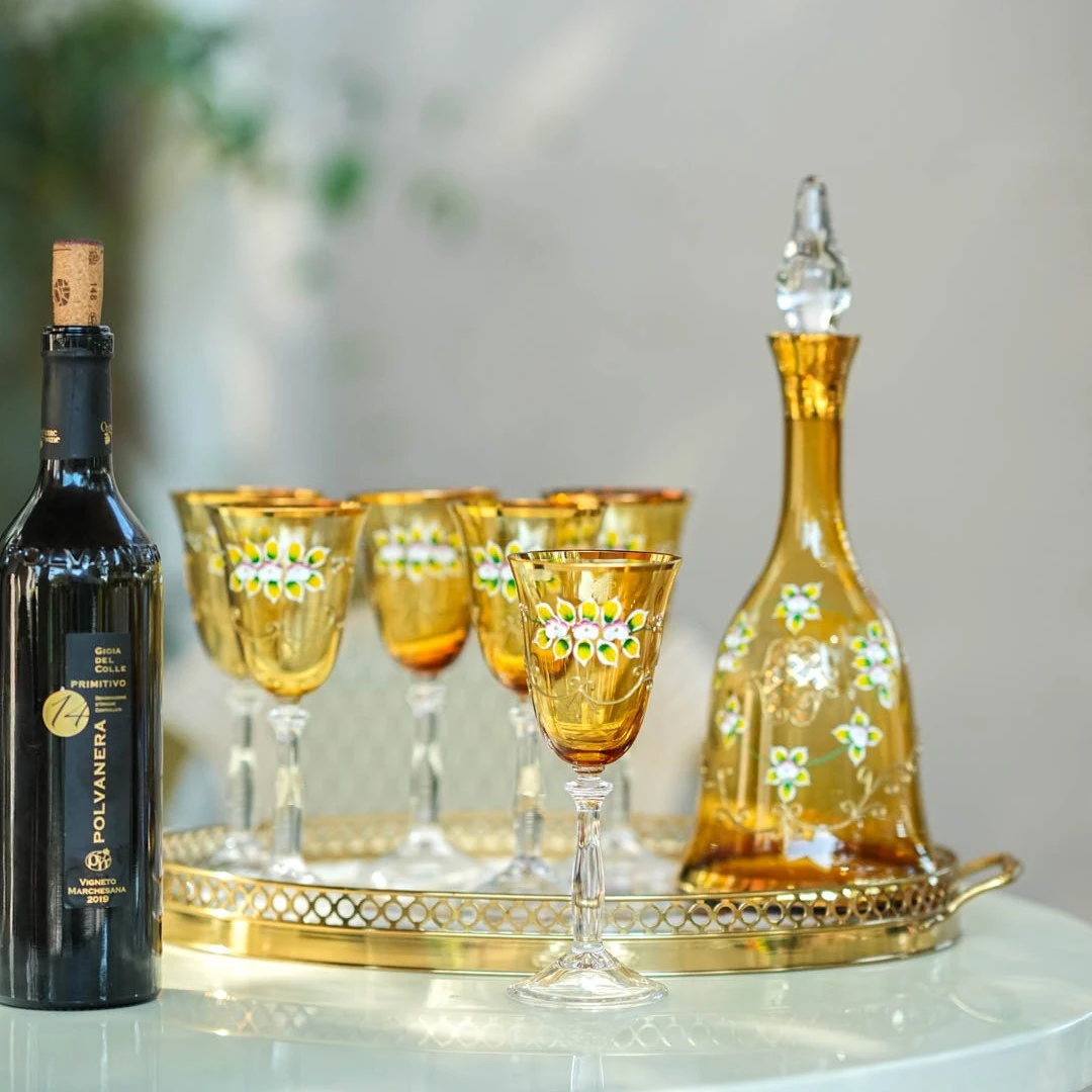 【奇居专属】真金珐琅花水晶玻璃琥珀酒具套装餐具#71-020303