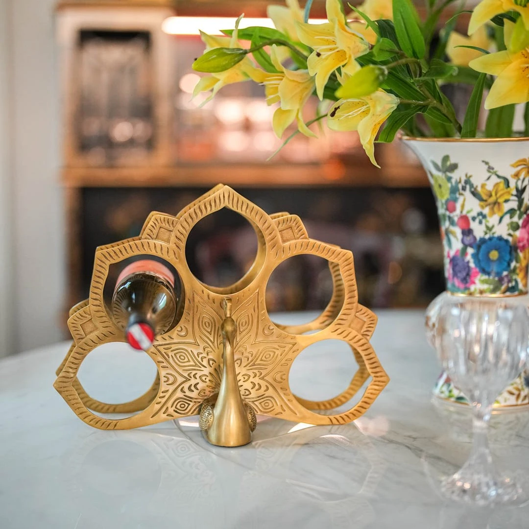 【奇居专属】孔雀刻花全铜红酒架创意摆件家用餐厅桌面