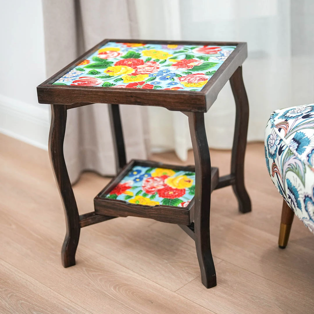 【奇居专属】手工彩绘榆木边几浪漫四季马蹄脚折叠桌