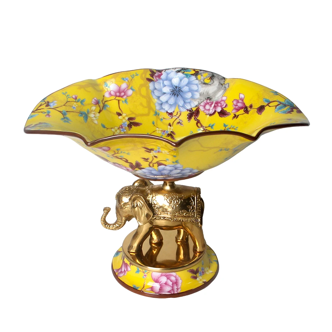 高温瓷配铜花开富贵金象果斗客厅收纳摆件#JW-20125-MS24