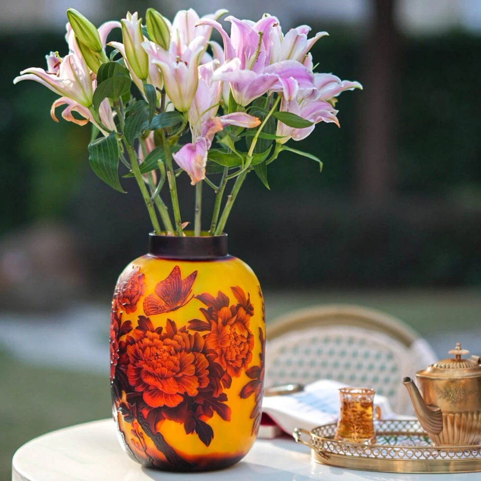 【奇居专属】工艺礼品浮雕刻花牡丹双色格雷花瓶大号组合