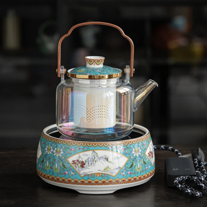 【奇居专属】万花煮茶壶配蓝色千里江山炉电陶炉茶具套装