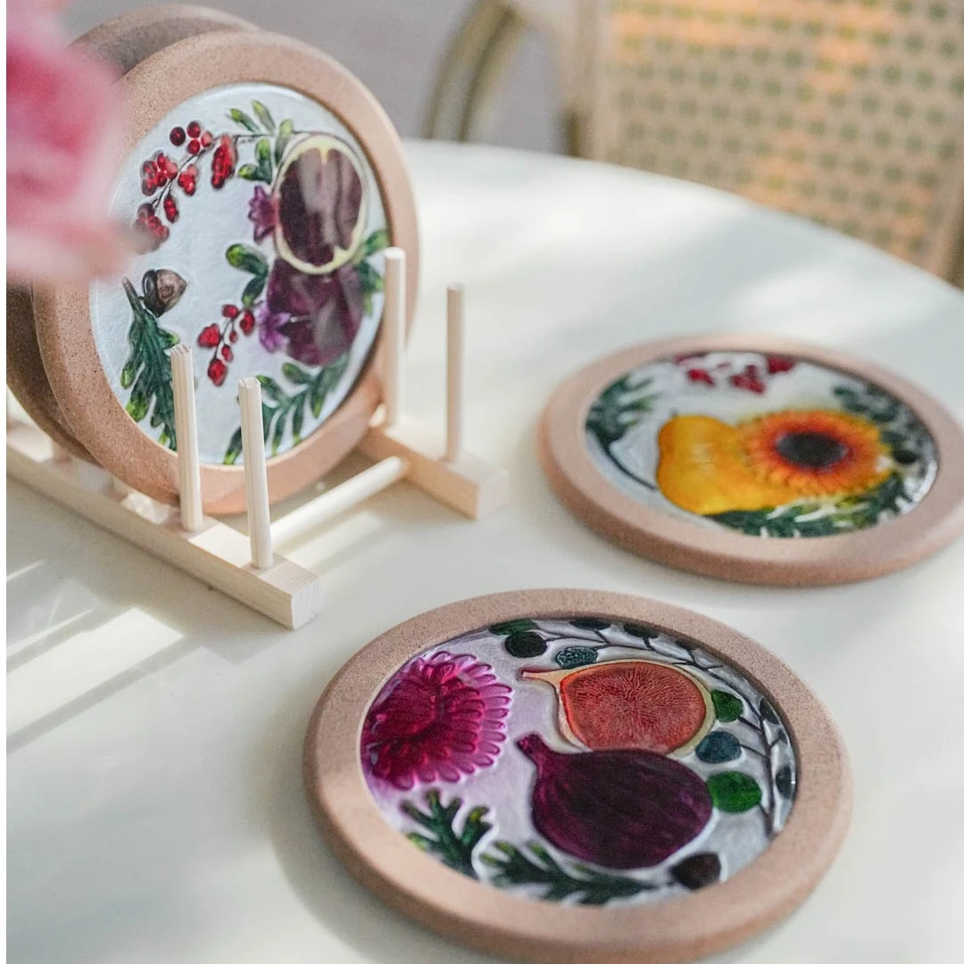 【奇居视频】琉璃浮雕彩绘圆形水果锅垫隔热垫带木架4片装#MG202249