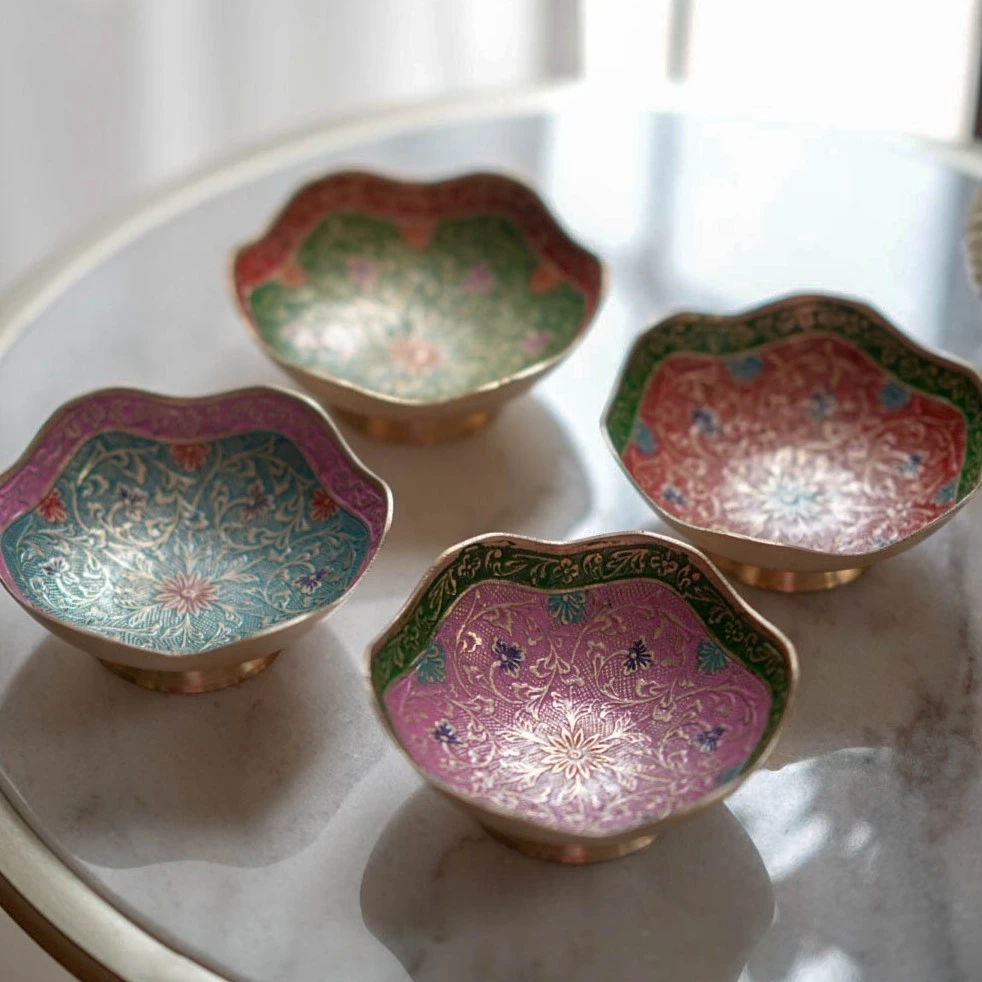 轻奢精美印度手工刻花黄铜彩色花边干果零食果盘#4811586