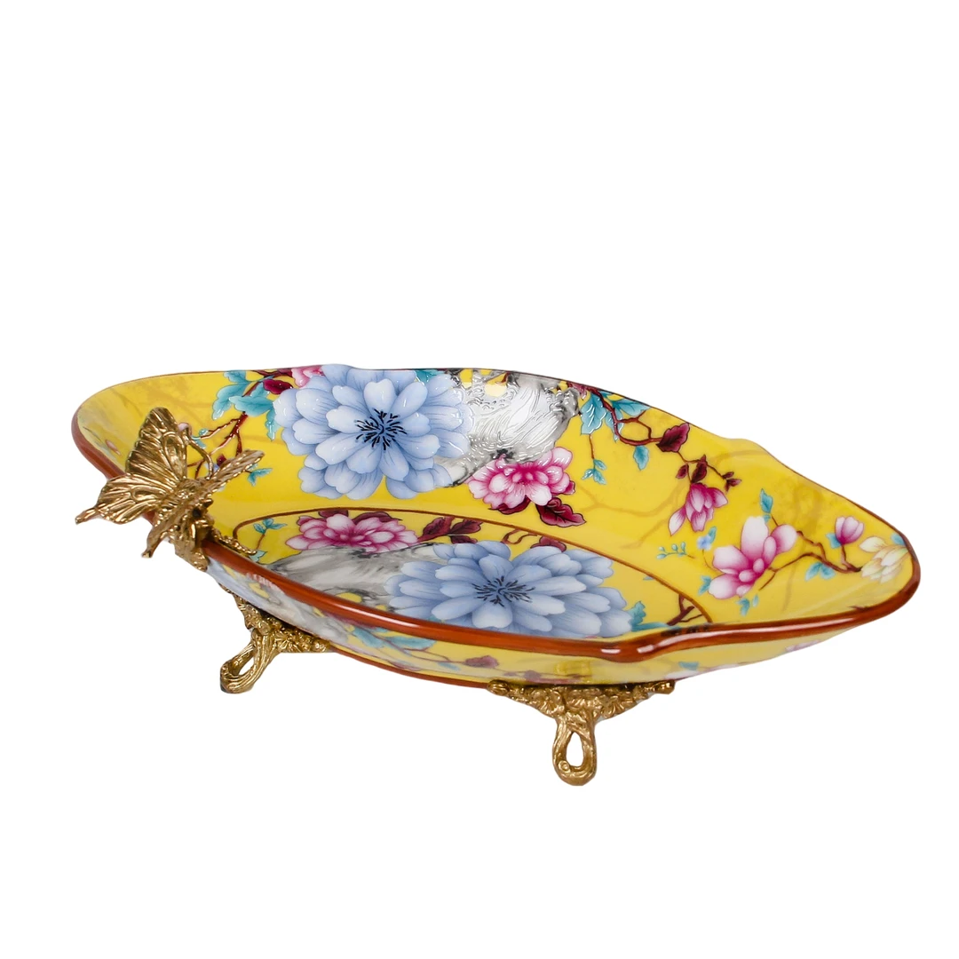 高温瓷配铜花开富贵船型托盘果盘摆件#JW-1017B-MS24