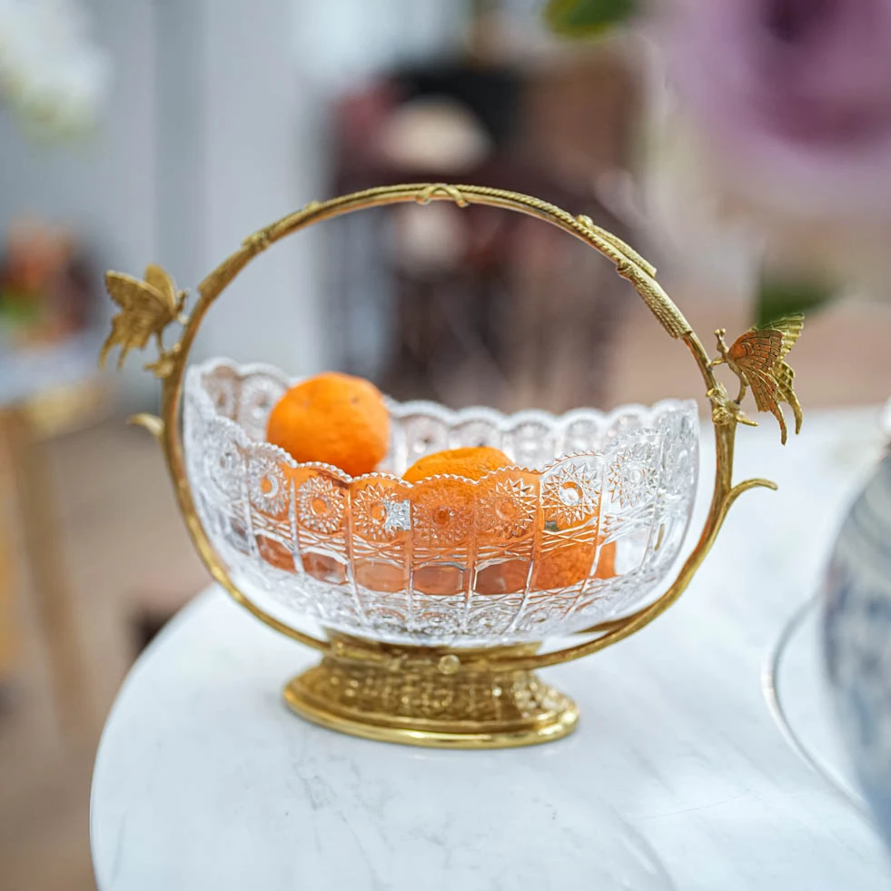 双蝶黄铜水晶玻璃果盘#G1260