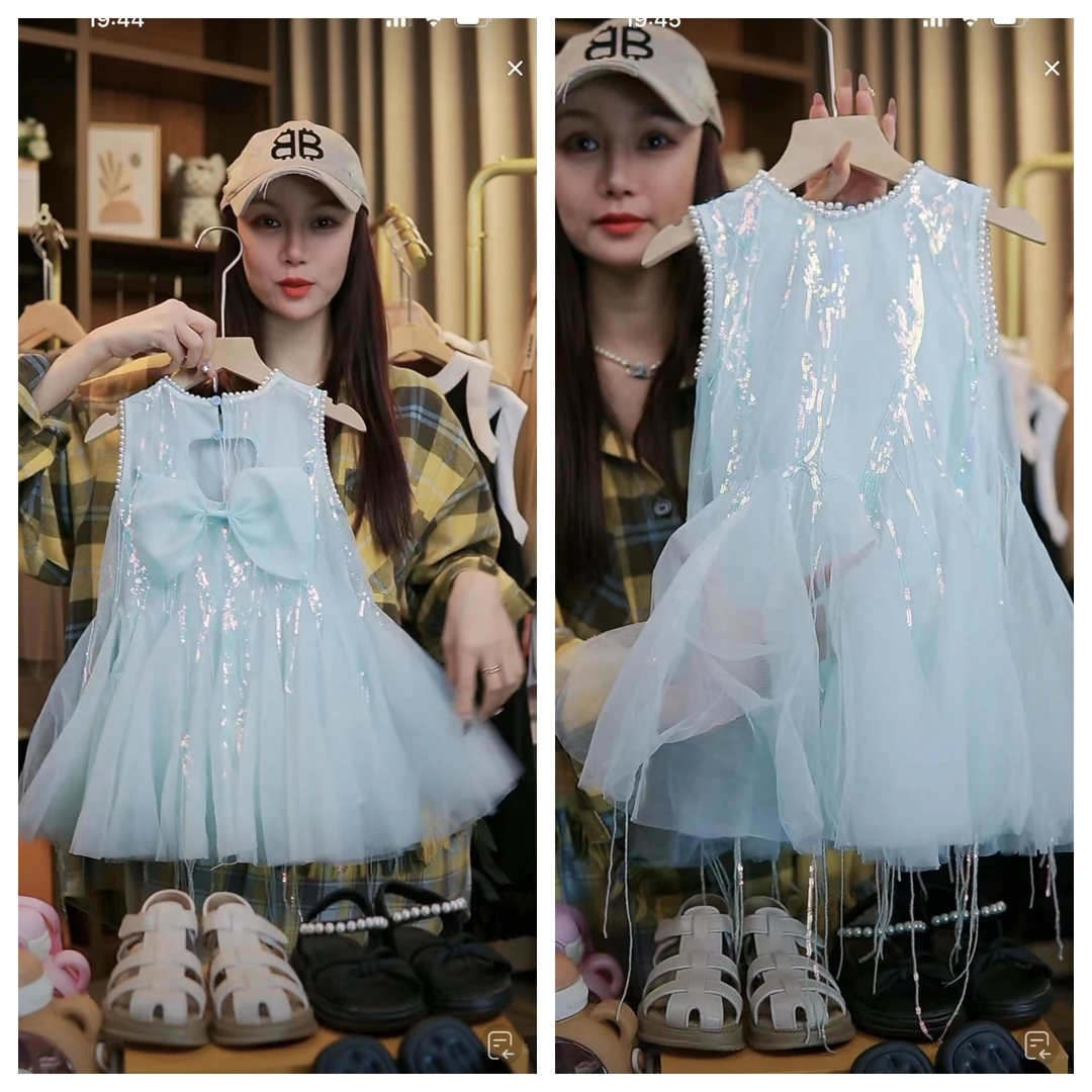 YH240178款儿童夏季蝴蝶结无袖气质甜美女童连衣裙