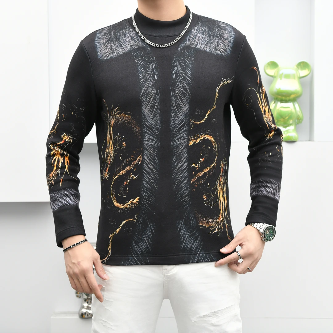 欧货男装潮流时尚百搭上衣商务休闲长袖修身圆领印花打底衫66679