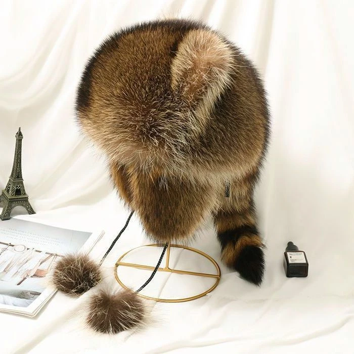 新疆西藏包邮小浣熊霸王帽尾巴帽子儿童成人女冬美洲貉护耳仿狐狸