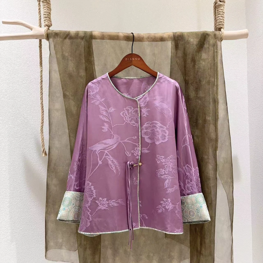 高定新宋锦国风新中式长袖外套袖口刺绣花开衫H24669