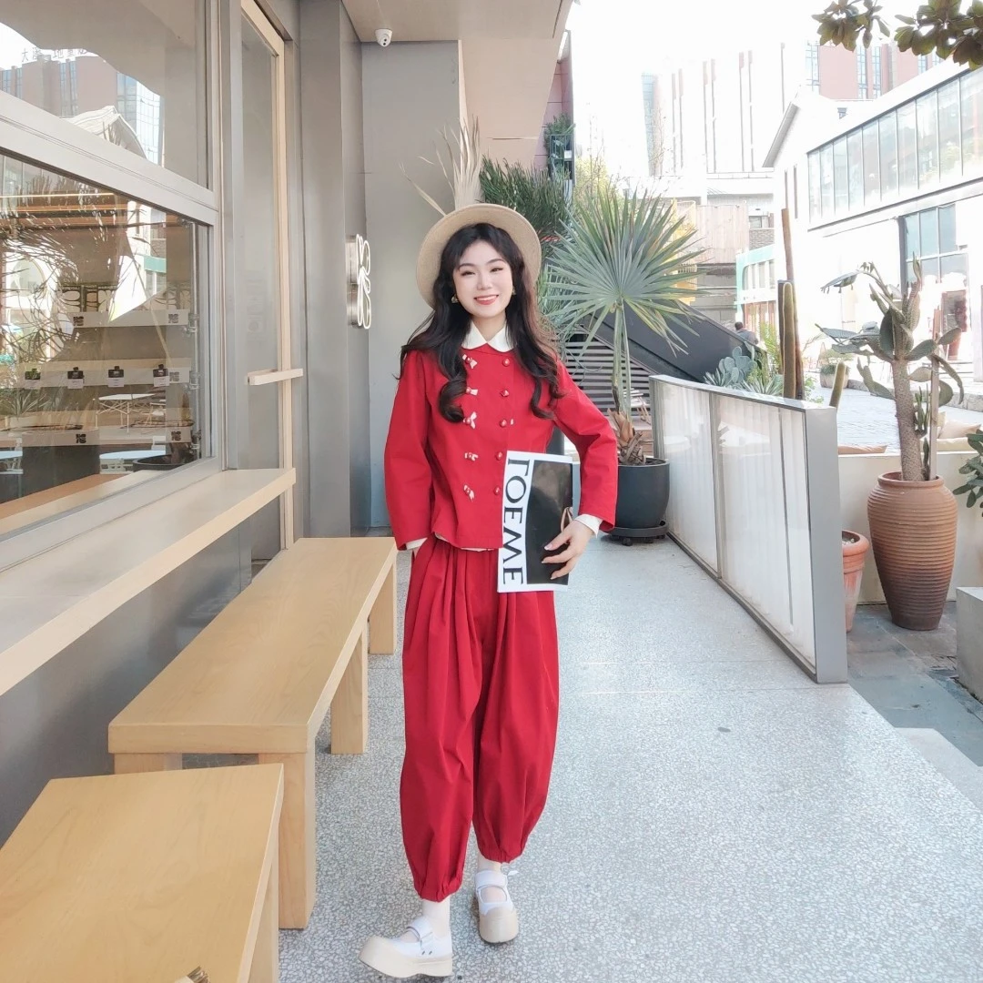 新品文艺百搭棉质外套蝴蝶结双排扣减龄箱型阔版短上衣H009311