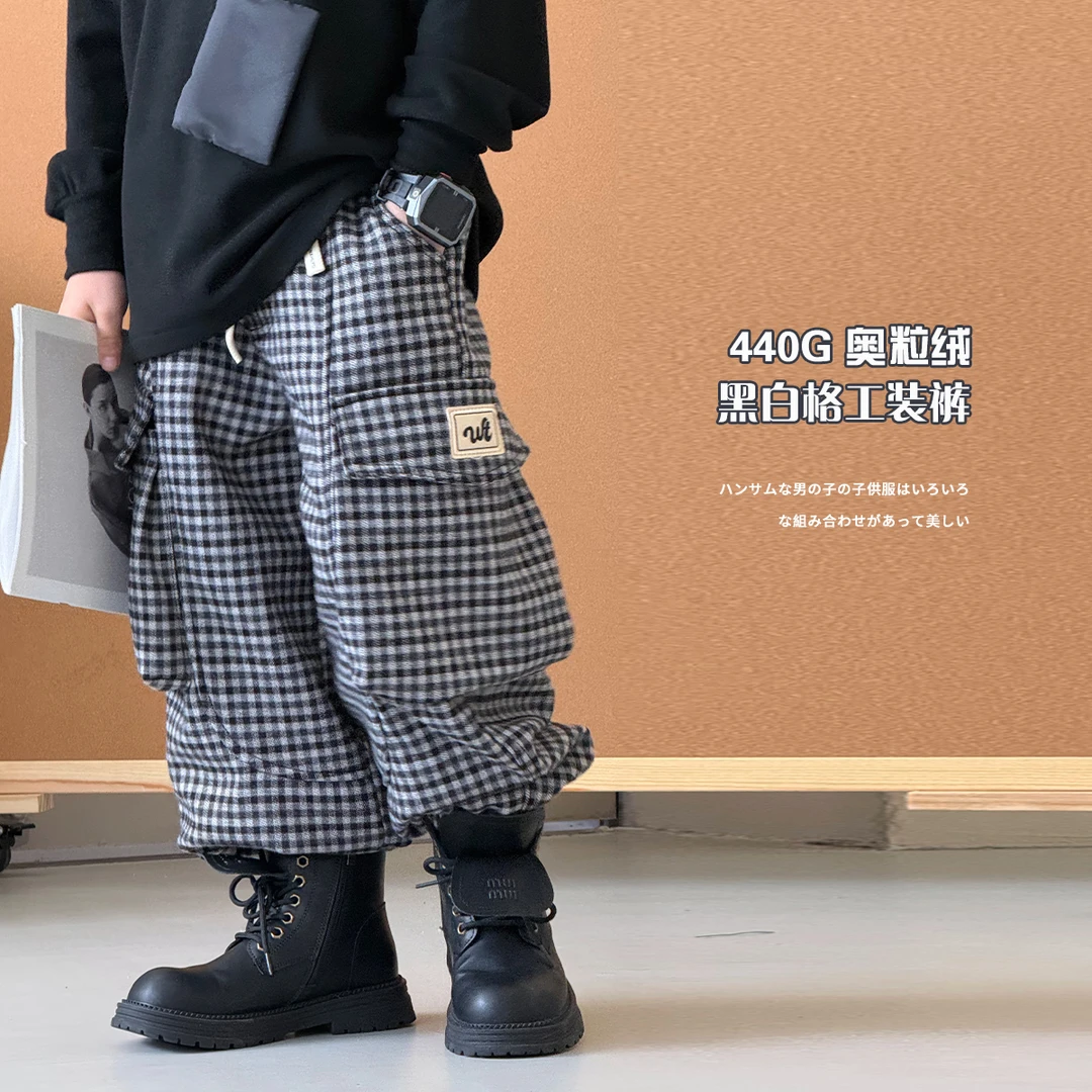 男童加绒裤子冬装新款韩版中大童时尚格子裤儿童洋气休闲裤11598