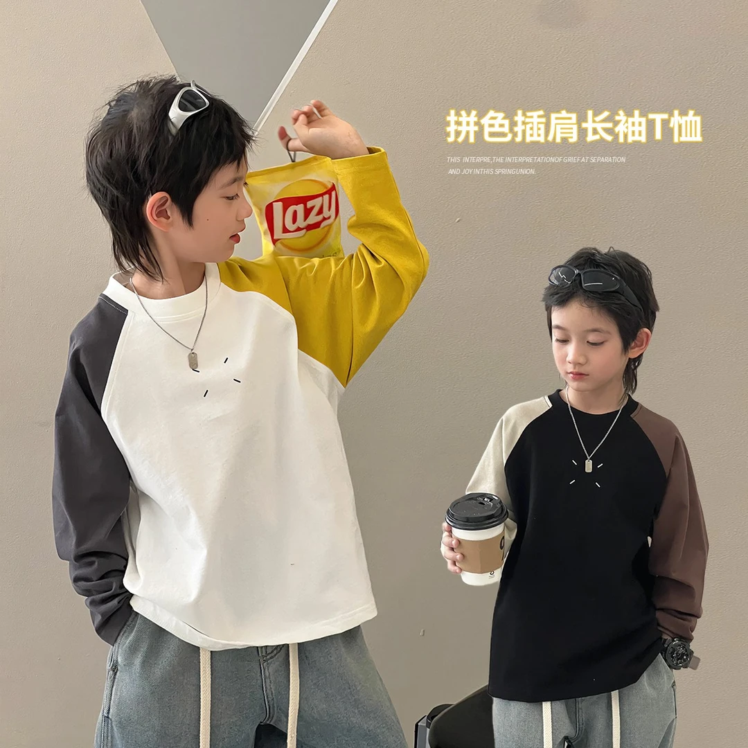 男童长袖T恤春季新款自制拼色插肩袖中大童洋气儿童上衣潮TY70726