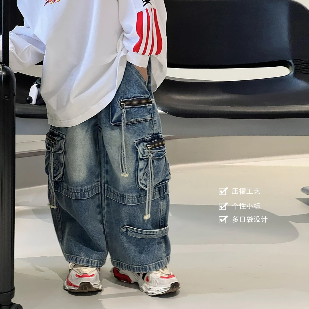 男童裤子春季新款中大童潮款洋气工装裤儿童阔腿裤牛仔裤酷C8020