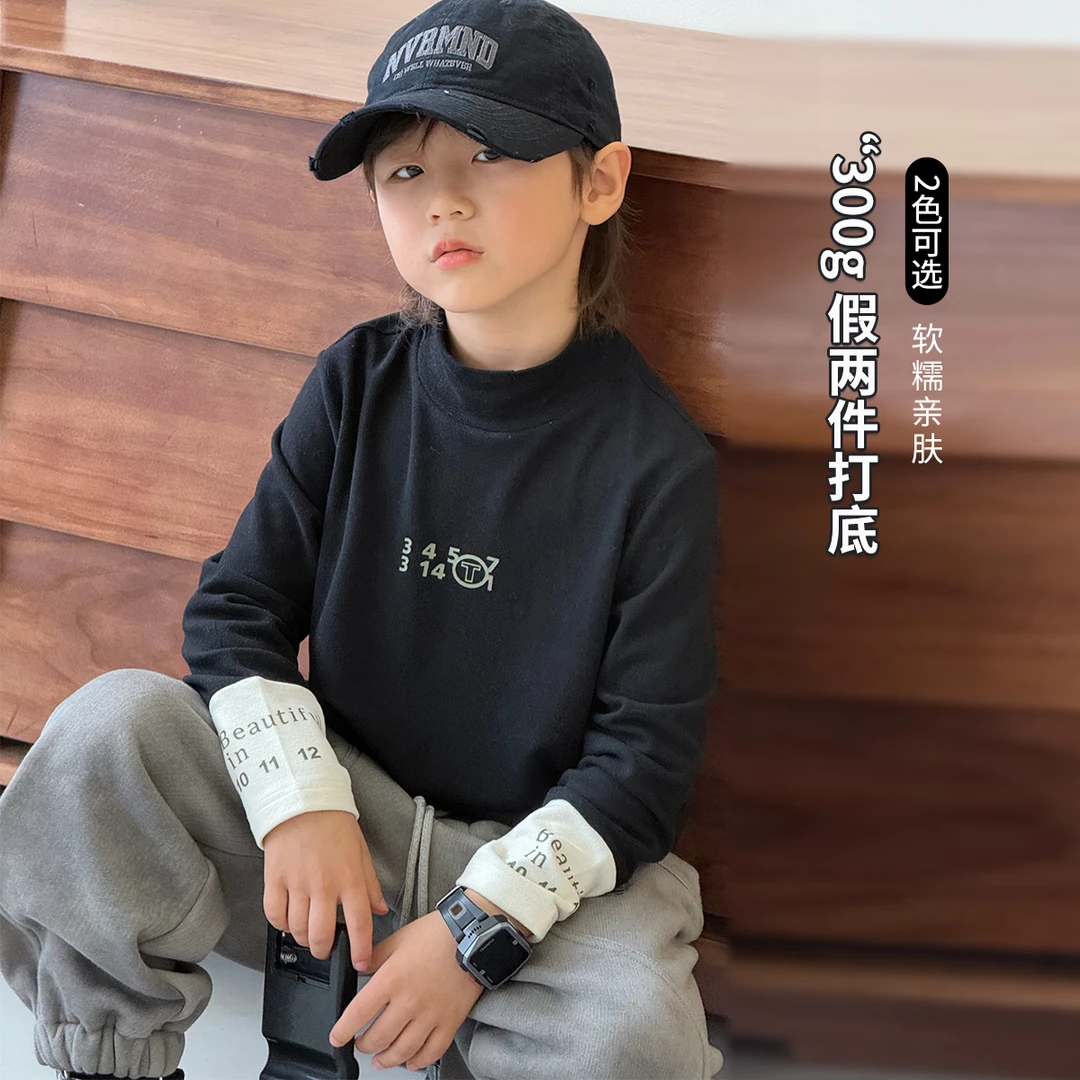 男童打底衫冬装新款中大童半高领T恤儿童假两件内搭厚上衣潮D244