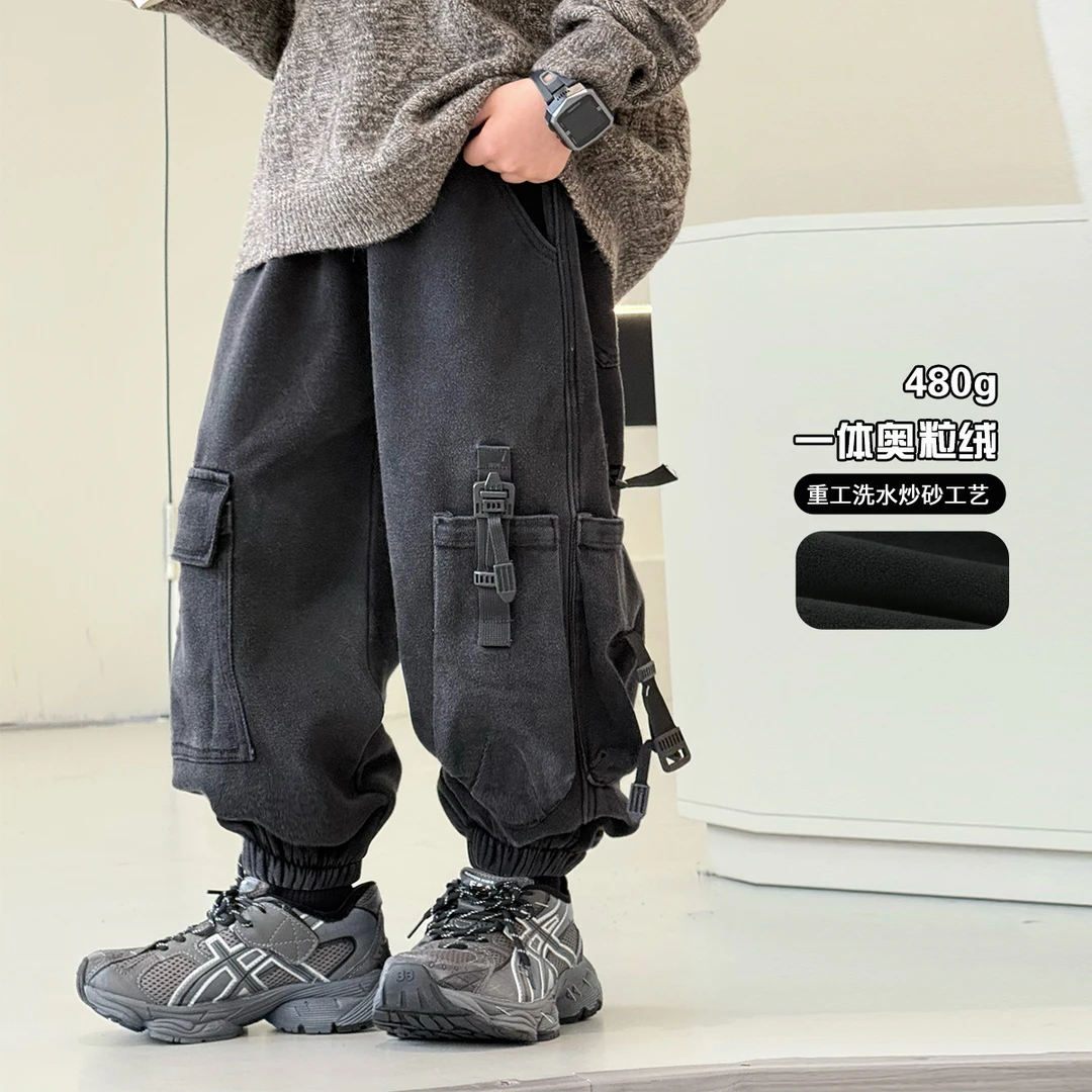 男童加绒裤子冬装新款帅气中大童工装裤儿童炸街潮流长裤酷61989