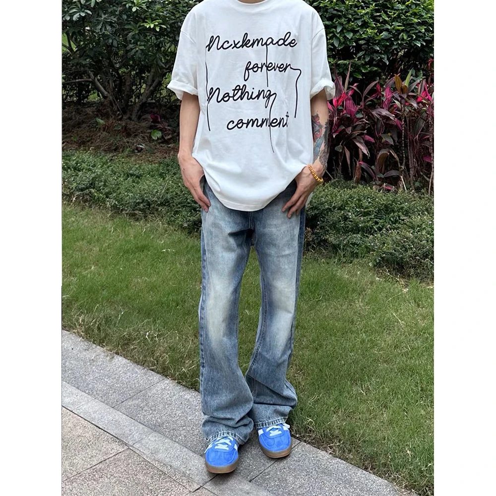 2023秋装新款美式cleanfit微喇牛仔裤男女显瘦修身百搭休闲裤子潮