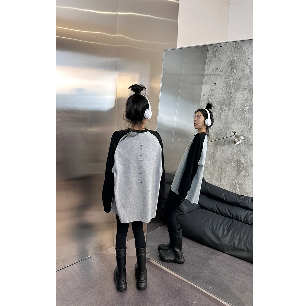 2023新款拼接情侣上衣秋冬中长款男女卫衣时尚拼接打底长袖t恤潮