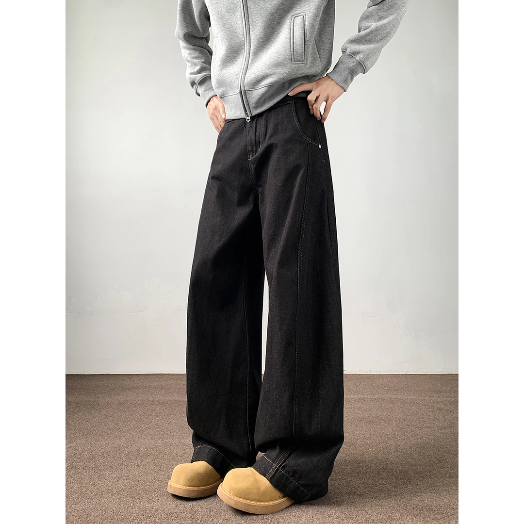 黑色弯刀牛仔裤男女宽松百搭vibe风潮牌休闲阔腿褶皱直筒长裤