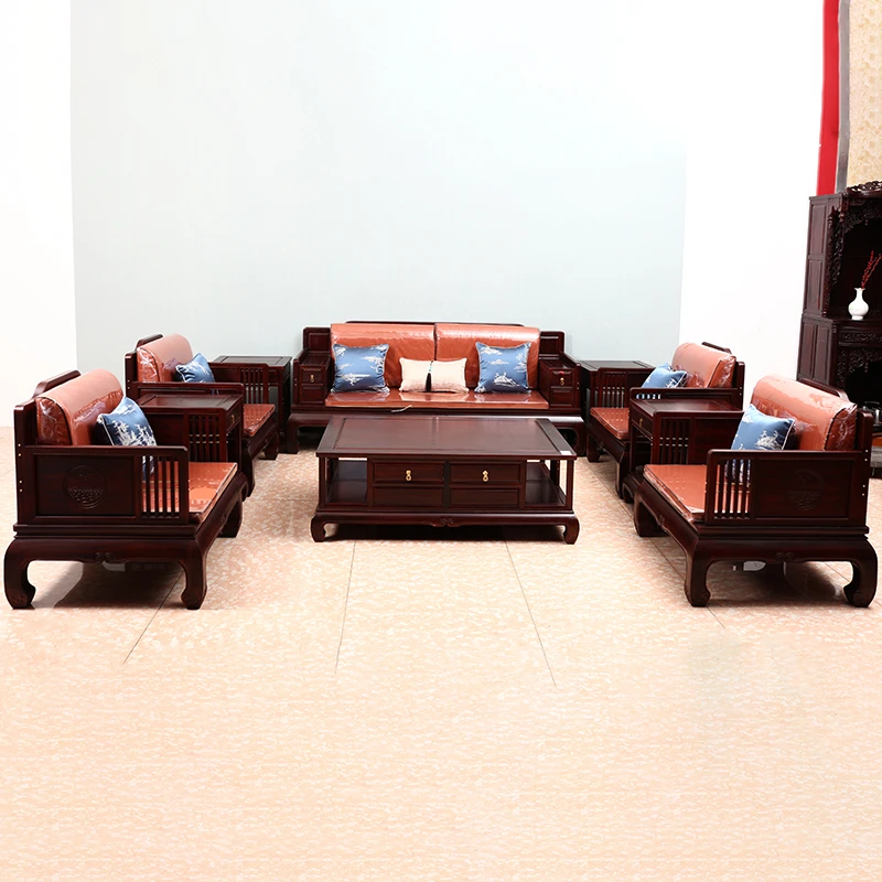 南美酸枝家用客厅卷书厚坐垫宽扶手中式沙发十件套成套家具