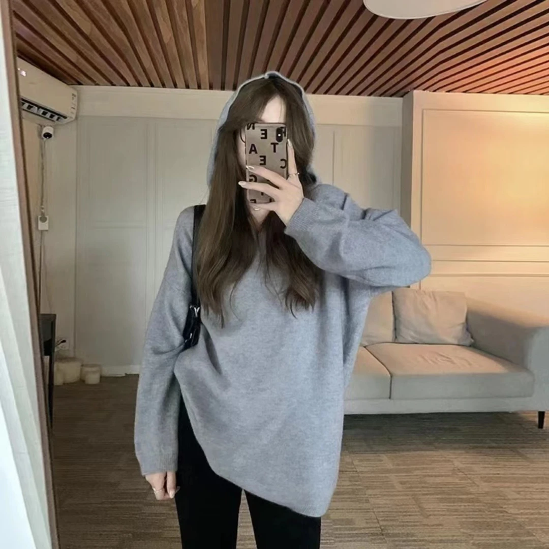 慵懒休闲连帽毛衣女韩系宽松软糯打底针织衫2023秋冬新款针织卫衣